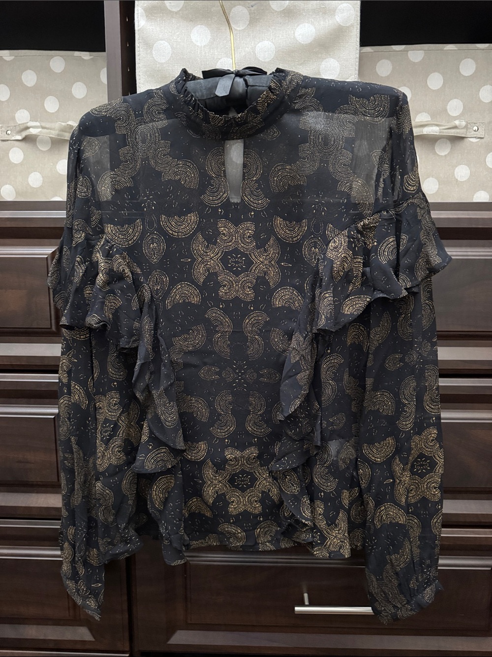 Lucky BrandBlack and Gold Ruffled Sheer Women’s Blouse